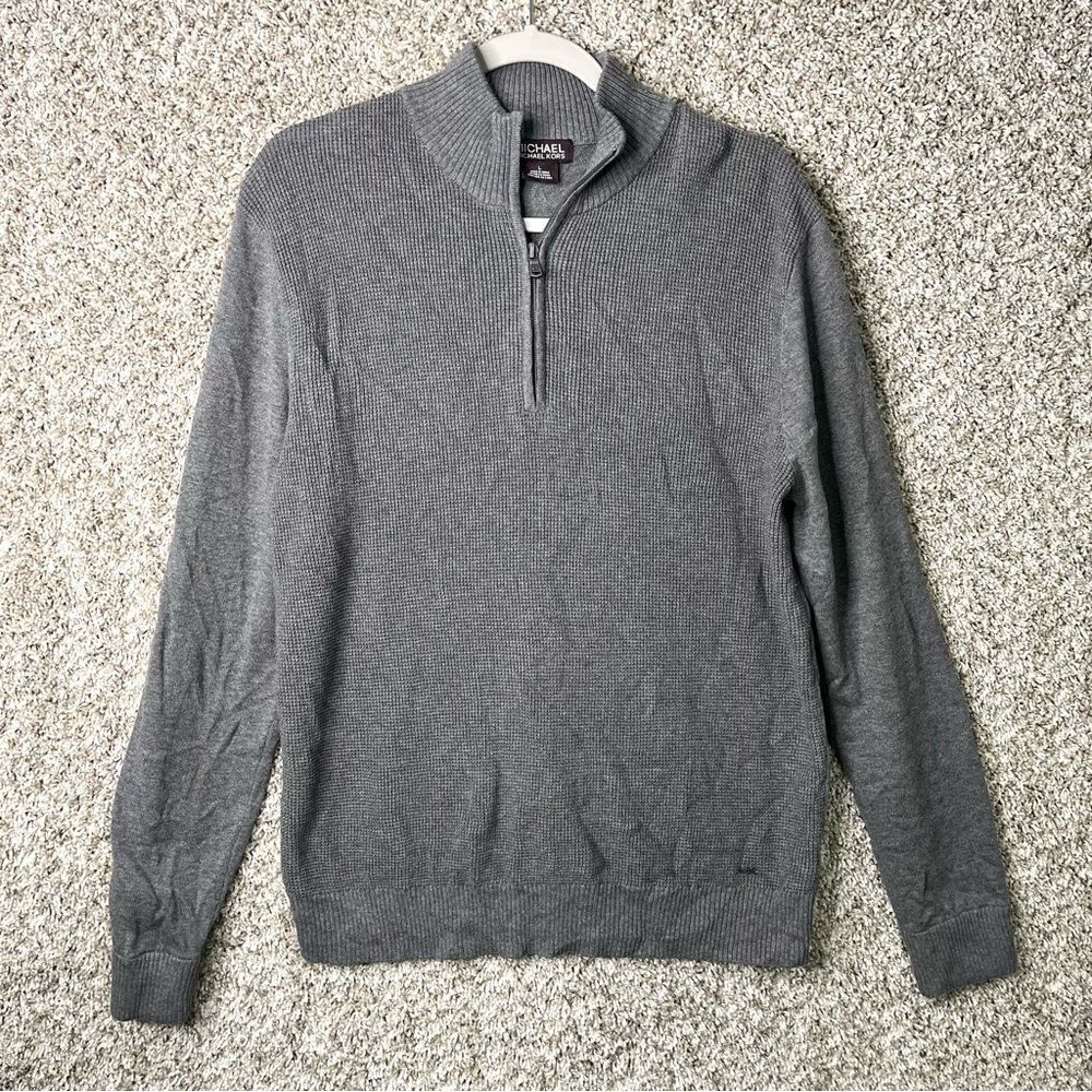 MICHAEL Michael Kors Sweater Men’s Large Gray Knit Neck Zip Pullover